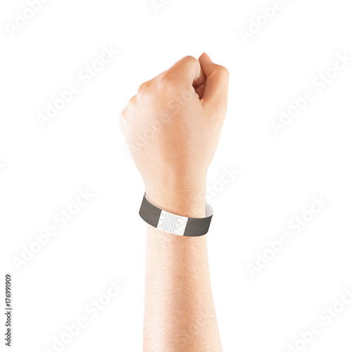 Fotografie Blank black paper wristband mock up on persons arm