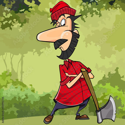 cartoon cunning woodsman in forest with an ax
