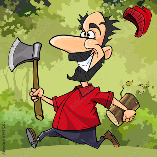 cartoon funny lumberjack runs through the forest with an ax
