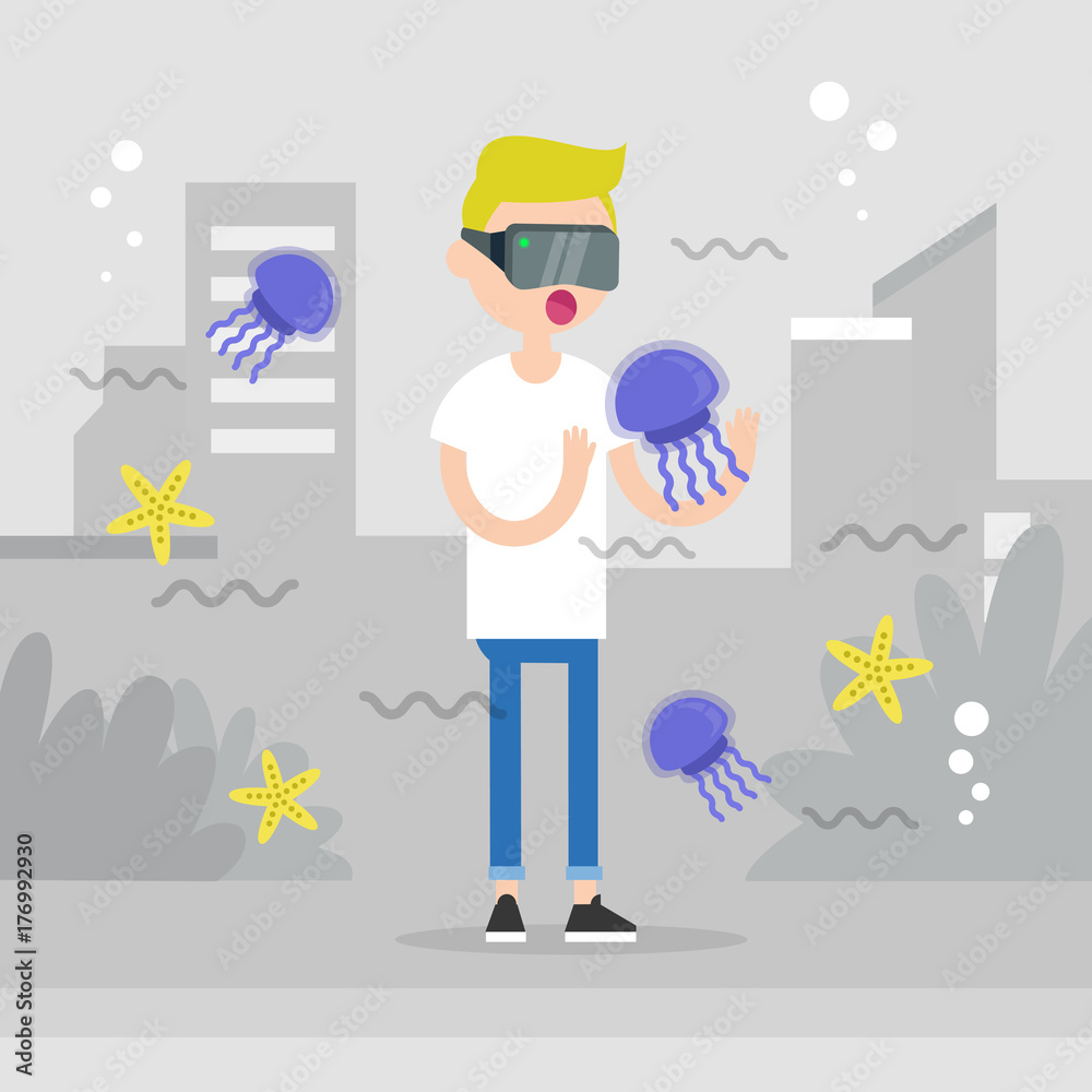 Augmented reality conceptual illustration. Young character wearing vr headset and walking around the city surrounded by the augmented reality images of marine life. Flat editable vector illustration