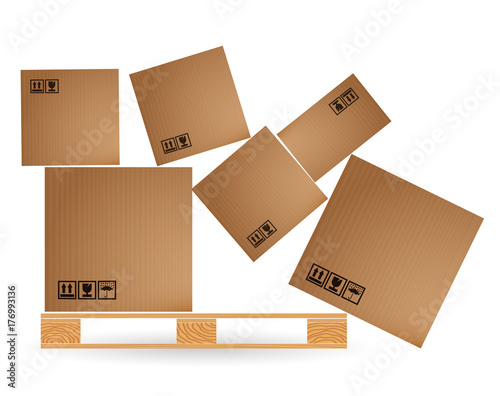 Cardboard boxes with cargo fallen and scattered on a wooden pallet. Euro pallets. Warehouse with goods