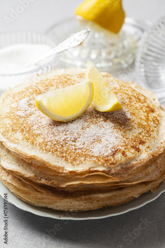 English-style pancakes with lemon and sugar, traditional for Shrove Tuesday.