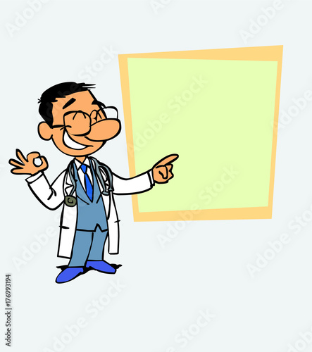 Happy asian doctor makes the gesture of ok. Is showing, as in a presentation, the data you want.