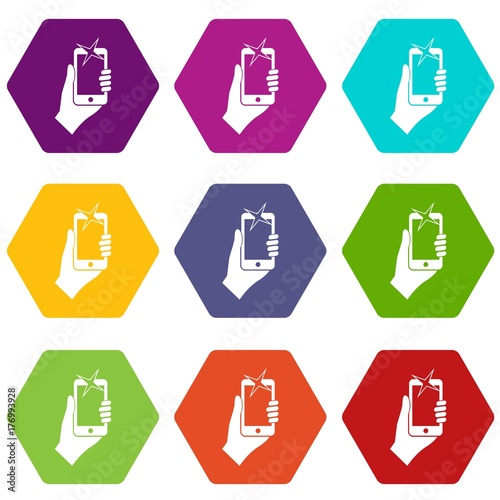 Hand photographed on mobile phone icon set color hexahedron