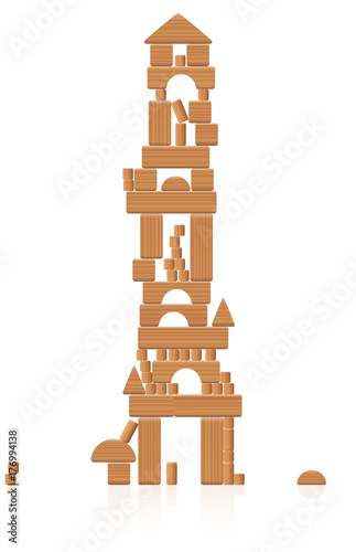 Wooden tower building made of toy blocks - many different natural wood elements - a typical childhood concentration game. Vector on white background.