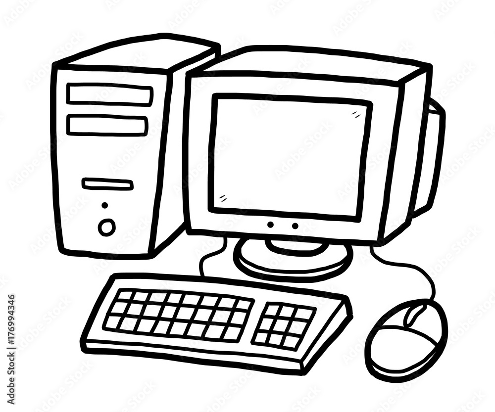 computer / cartoon vector and illustration, black and white, hand drawn,  sketch style, isolated on white background. Stock Vector | Adobe Stock