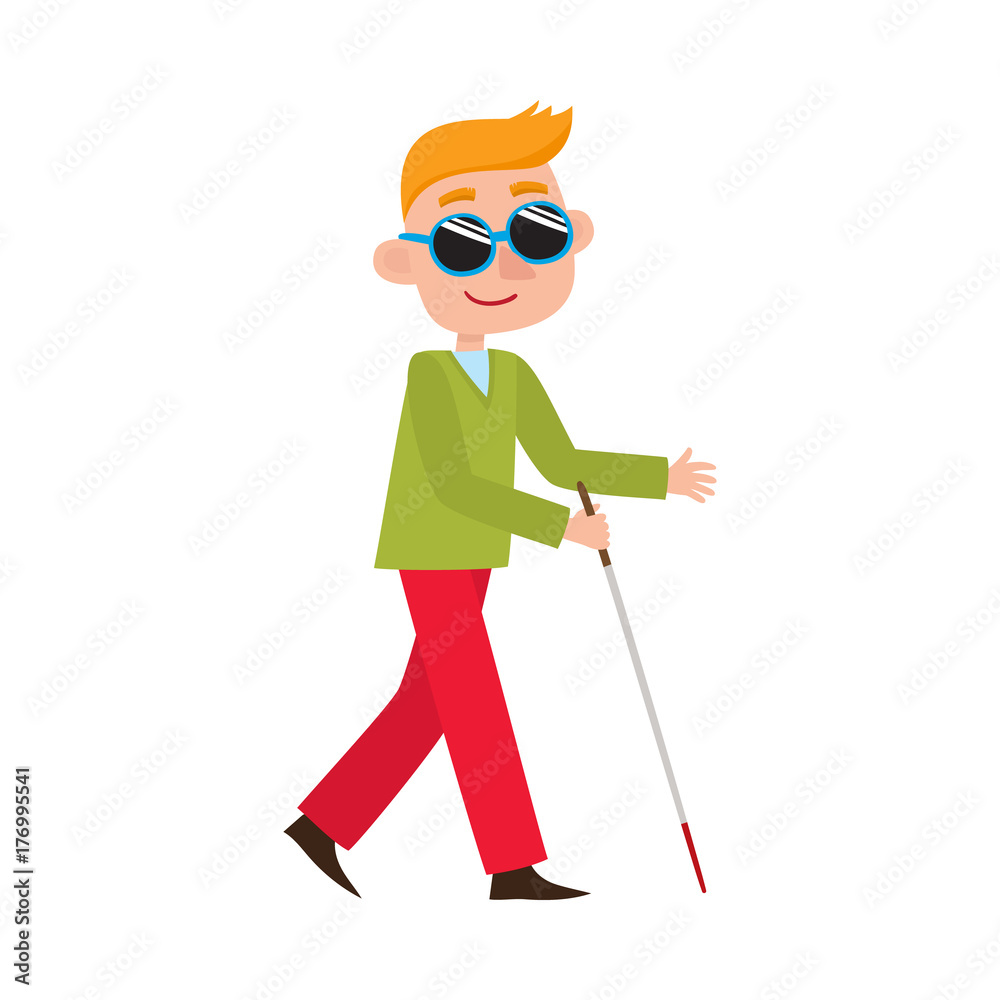 vector flat cartoon teen disabled blind boy character in dark sunglasses holding walking stick or cane. Isolated illustration on a white background. vector flat cartoon teen disabled blind boy character in dark sunglasses holding walking stick or cane. Isolated illustration on a white background.
