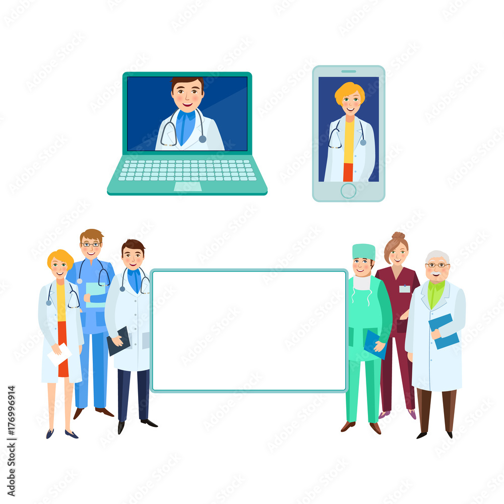 vector flat cartoon adult male, female doctors, head physician in laptop, smartphone nurse holding clipboard, stethoscope smiling set empty white poster. Isolated illustration on a white background. vector flat cartoon adult male, female doctors, head physician in laptop, smartphone nurse holding clipboard, stethoscope smiling set empty white poster. Isolated illustration on a white background.
