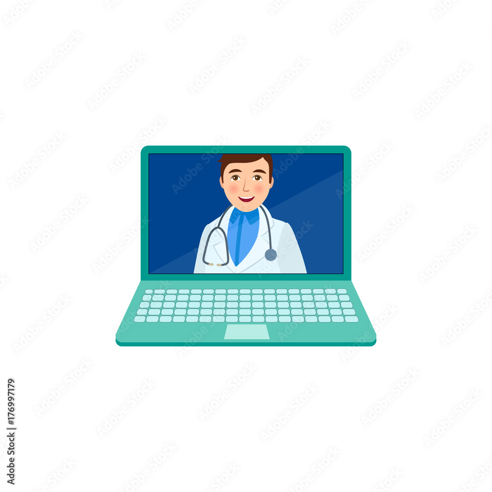 vector flat cartoon adult male doctor, head physician in white medical clothing with stethoscope smiling avatar in laptop. Isolated illustration on a white background. Internet consultation concept vector flat cartoon adult male doctor, head physician in white medical clothing with stethoscope smiling avatar in laptop. Isolated illustration on a white background. Internet consultation concept