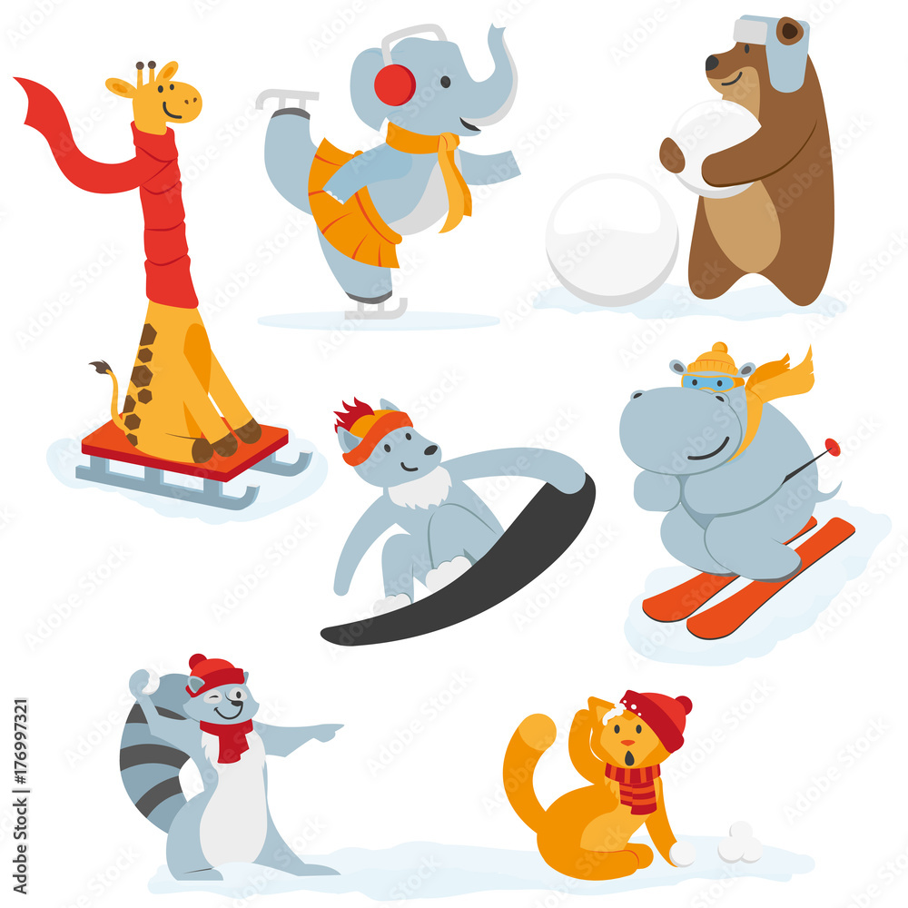 Cute animal characters doing winter activities, having fun, flat cartoon vector illustration isolated on white background. Set of animal characters having fun in winter, playing outside Stock Vector | Adobe Stock Cute animal characters doing winter activities, having fun, flat cartoon vector illustration isolated on white background. Set of animal characters having fun in winter, playing outside Stock Vector | Adobe Stock