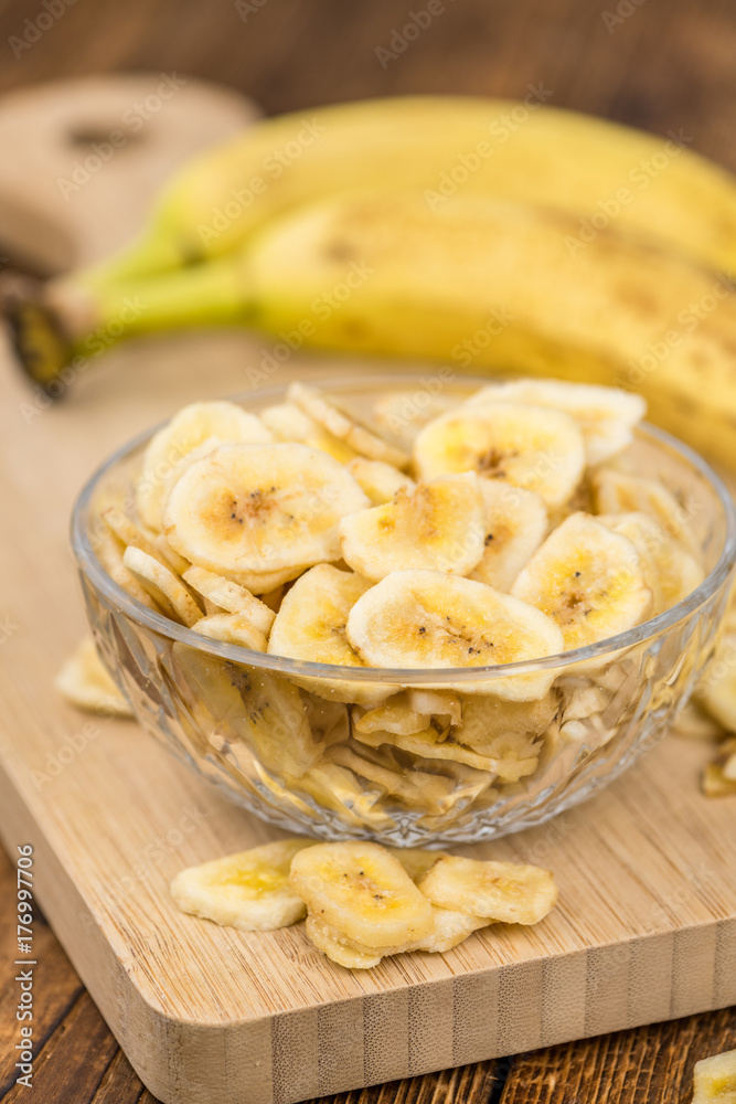 Dried Banana Chips close-up shot, selective focus Dried Banana Chips close-up shot, selective focus