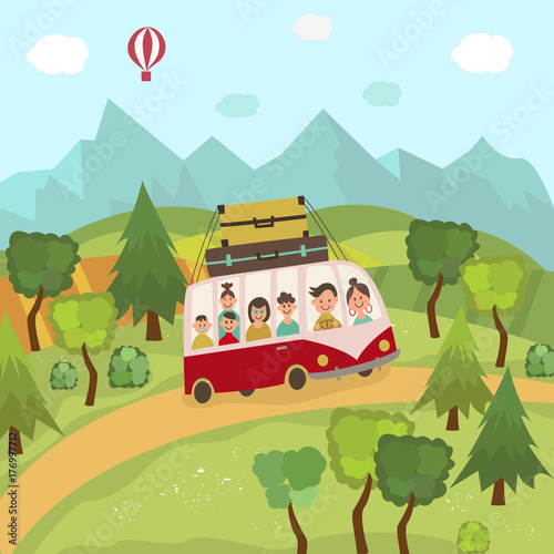 Family travelling by bus in countryside, fields, hilld, trees and mountains, flat cartoon vector illustration. Family travelling by bus on background of valleys, hills, mountains and sky