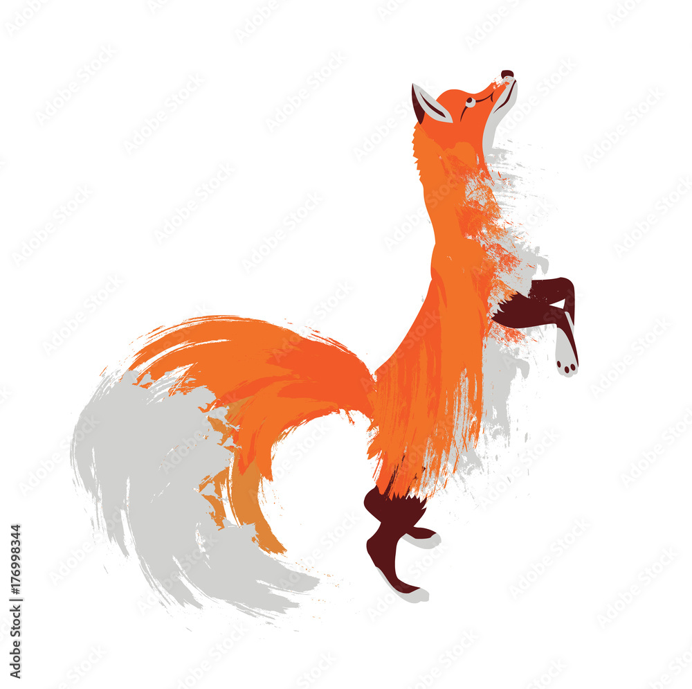 Stylized fox animal with paint brush splashes on white backdrop. Vector ...