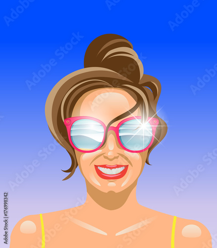 Summer issue poster with woman smiling face on blue sky background. Vector illustration.