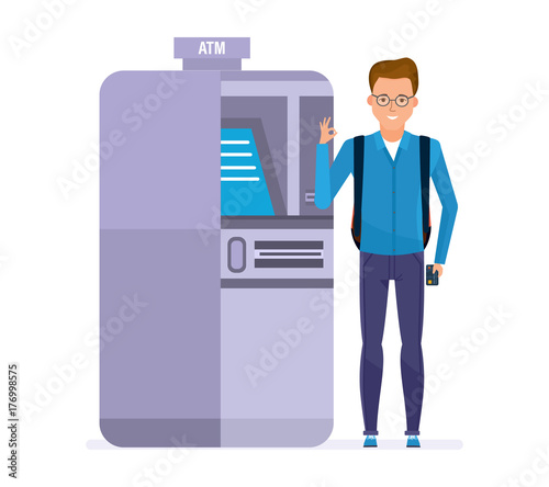Student, customer, client banking company, stands next to atm terminal.