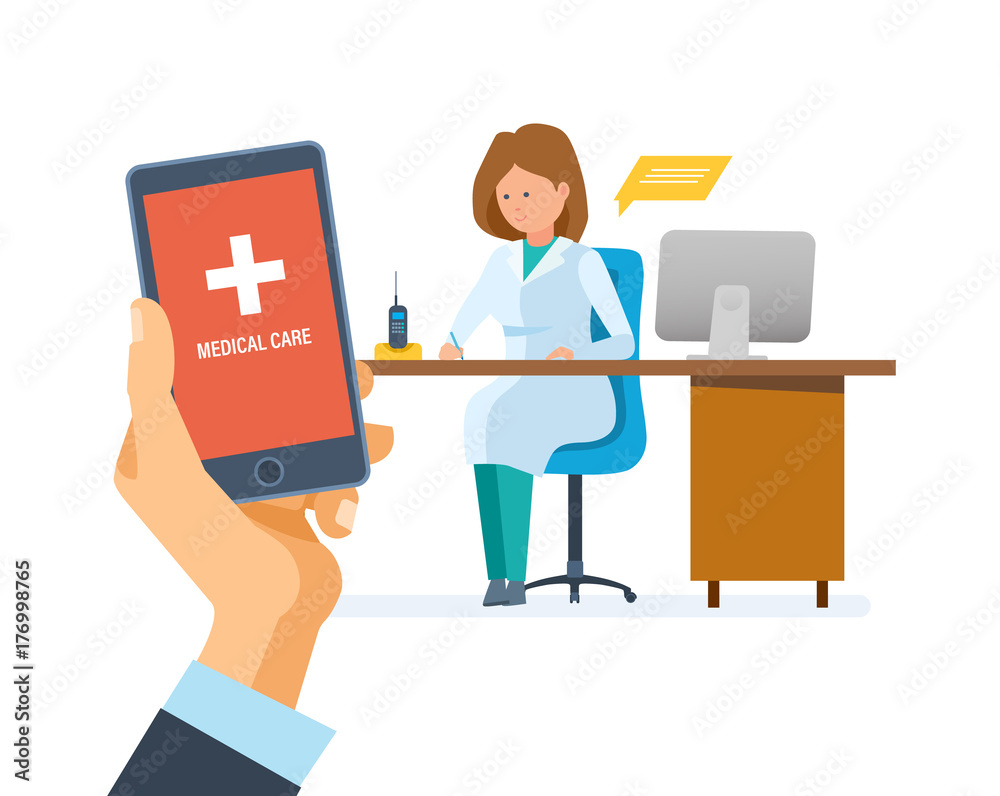 Healthcare mobile service. Mobile consultant. Hand holding smartphone with application.