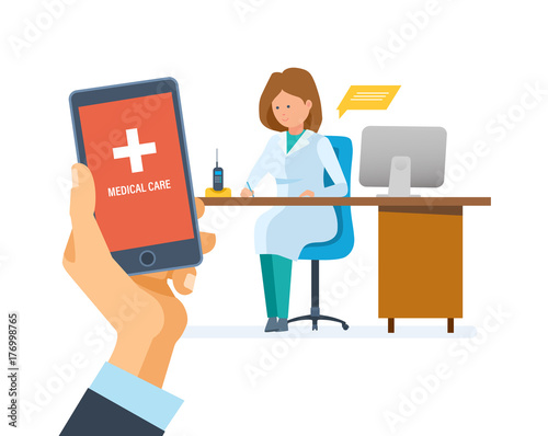 Healthcare mobile service. Mobile consultant. Hand holding smartphone with application.