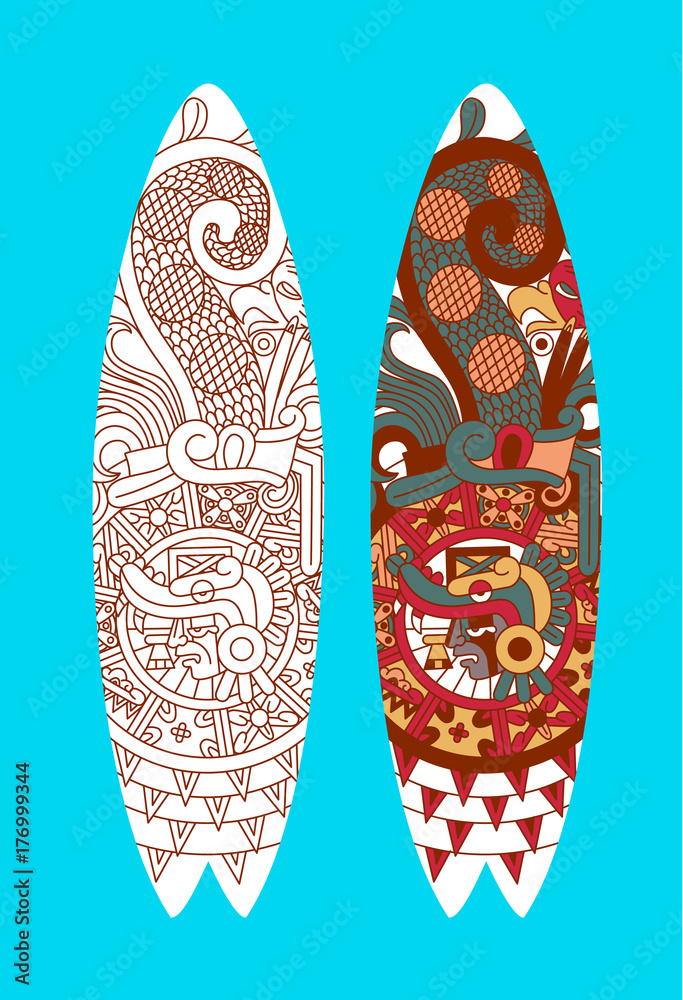 Surfboard design collection in aztec style on blue backdrop. Vector illustration. Surfboard design collection in aztec style on blue backdrop. Vector illustration.
