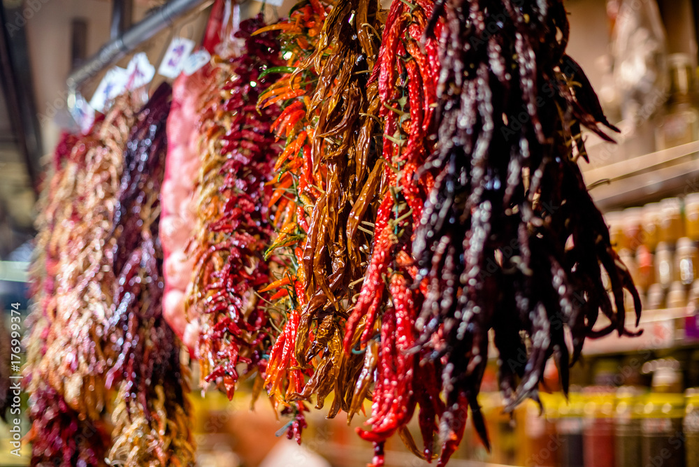 a bunch of hot peppers on the market in Spain 