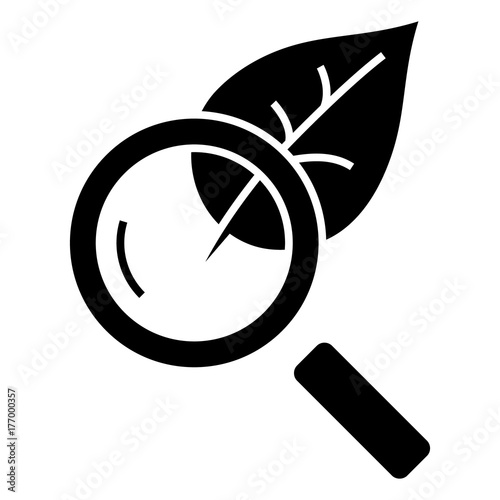 Magnifier glass with leaf - biology icon, illustration, vector sign on isolated background