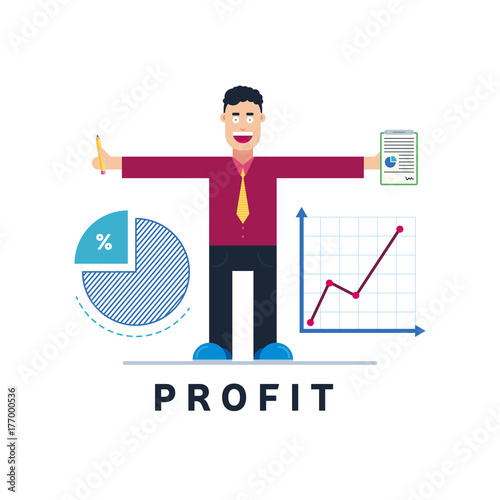 the young business man character in t-shirt with tie with his hands are set aside . star up Icons chart and profit diagram near his body