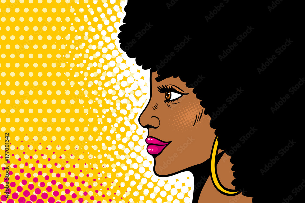 African american pop art female face. Sexy young black woman profile with  afro hairstyle in big earrings. Vector colorful illustration in pop art  retro comic style on halftone background. Stock Vector