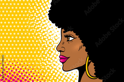 African american pop art female face. Sexy young black woman profile with afro hairstyle in big earrings. Vector colorful illustration in pop art retro comic style on halftone background.