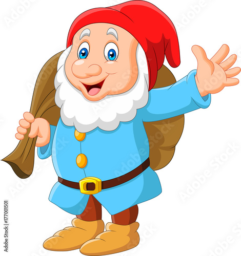 Cartoon happy dwarf carrying sack