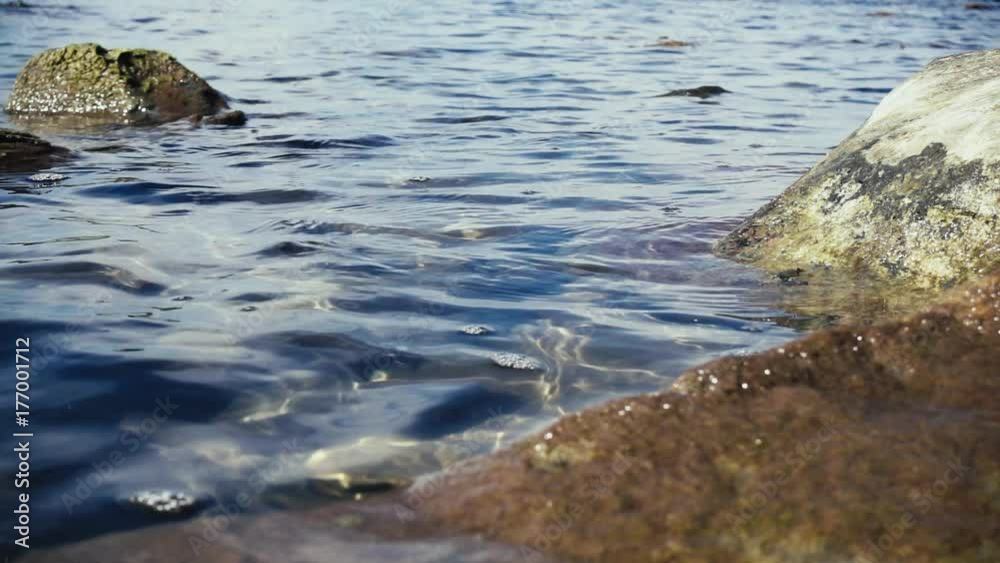 Slow mo small bubbles on the water surface of transparent blue water among large stones Slow mo small bubbles on the water surface of transparent blue water among large stones