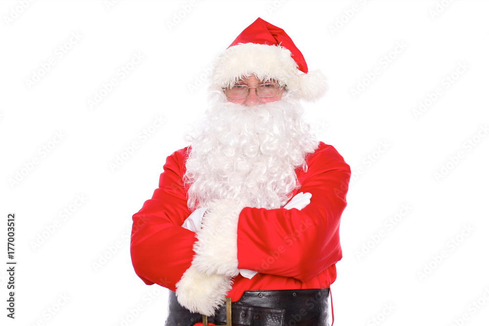 Kind Santa Claus standing with crossed arms, isolated on white background Kind Santa Claus standing with crossed arms, isolated on white background