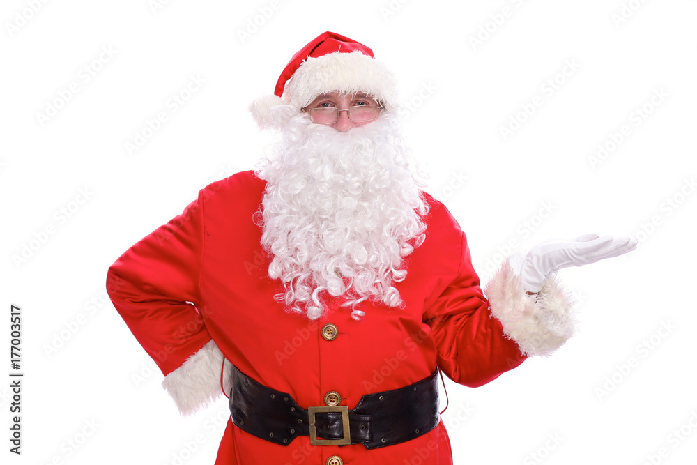Kind Santa Claus pointing in white blank sign, isolated on white background Kind Santa Claus pointing in white blank sign, isolated on white background