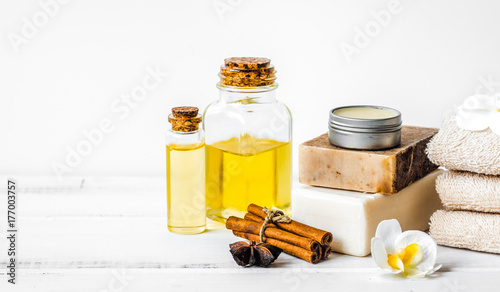 Preparation for spa treatments on white background