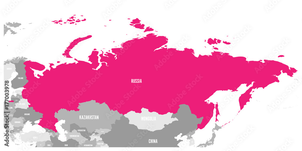 Political map of Russia and surrounding countries. Highlighted by pink. Vector illustration.