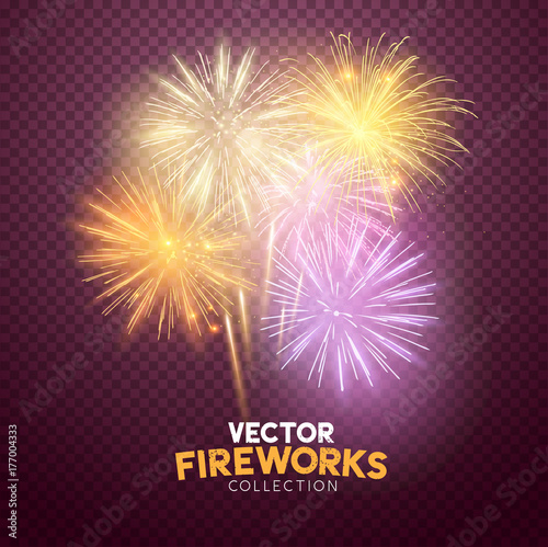 A set of Isolated bursting vector fireworks in pink and gold, holiday celebration symbols!
