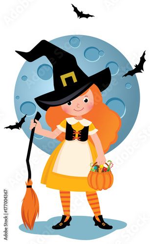Vector cartoon illustration of a little girl in a Halloween party costume