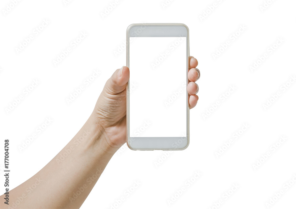 close up hand holding phone mobile isolated on white background,File contains a clipping path