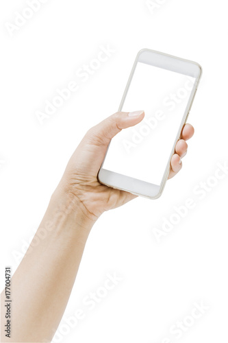 close up hand holding phone mobile isolated on white background,File contains a clipping path