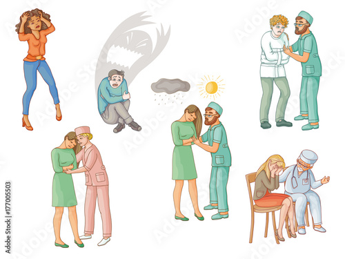 Helping people with mental disorders, calming down, soothing, physiological, psychiatric, medical aid, support, flat cartoon vector illustration isolated on white background. Treating mental disorders