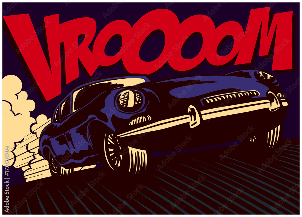 Fototapeta Pop-art styl komiksowy szybki sport samochodowy jazdy na pełnych obrotach z vomatoom onomatopei wektor plakat projekt