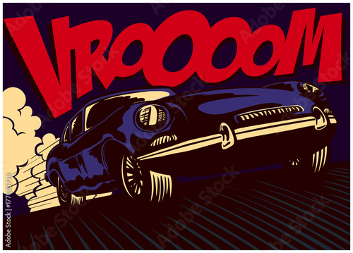 Fotografia Pop art comic book style fast sport car driving at full speed with vrooom onomat