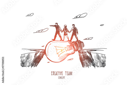 Creative team concept. Hand drawn teamwork process. luminous light bulb as symbol of creative work isolated vector illustration.