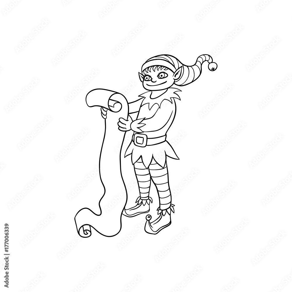 vector flat monochrome christmas elf boy in stockings holding big paper scroll smiling. Fairy holiday character in christmas santa hat. Isolated illustration on a white background for coloring book