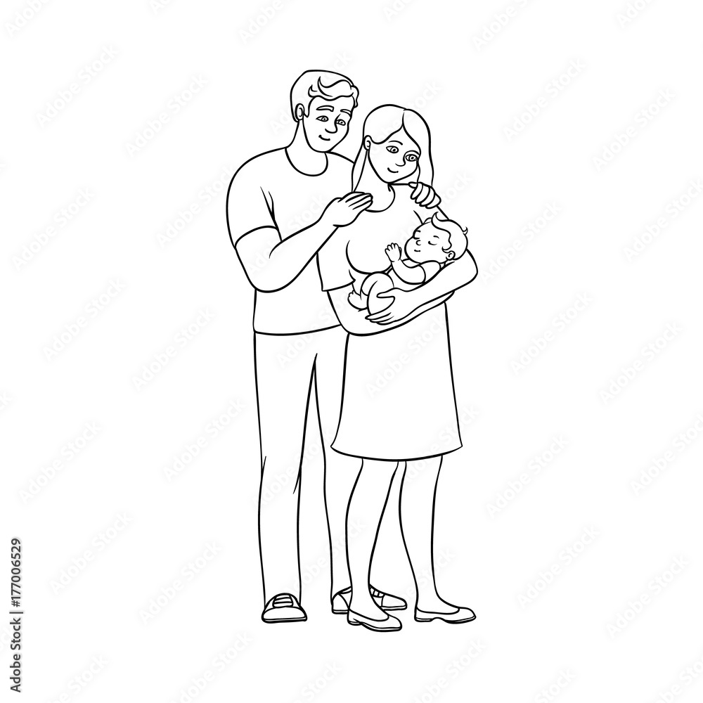 vector flat monochrome adult couple and infant baby. Isolated illustration on a white background. Flat family characters. Adult smiling man, cute woman in dress, newborn baby for coloring book design