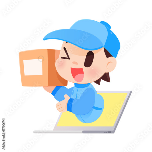 Delivery Man Brings A Goods To A Customer From Laptop, Vector illustration, Concept with Online Shopping And Services.