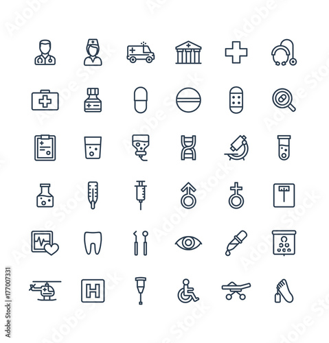 Vector thin line icons set and graphic design elements. Illustration with medical, medicine and healthcare outline symbols. Dentist, health, ambulance, care, doctor, pill, stethoscope linear pictogram