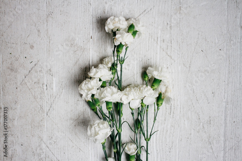 white carnation flower on wood grain floor ground surface