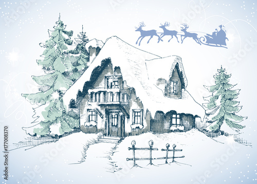 Christmas card. Winter landscape, snow, house and pine trees