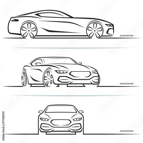 Vector sports car silhouette. Side, perspective and front view.