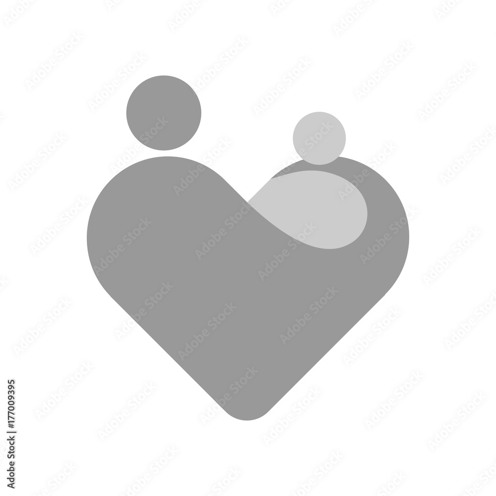 Mother with her child in her hands. Simplified symbol in a shape of heart. Motherhood or Mothers Day theme. Grey vector illustration.
