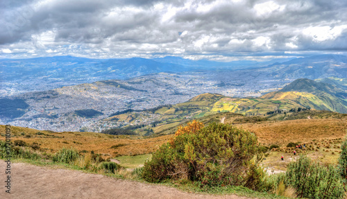 View of the city of Quito and the ecuadorian Andes from the Teleferico touristic attraction, at the top of the Pichincha volcano. Quito, Ecuador.